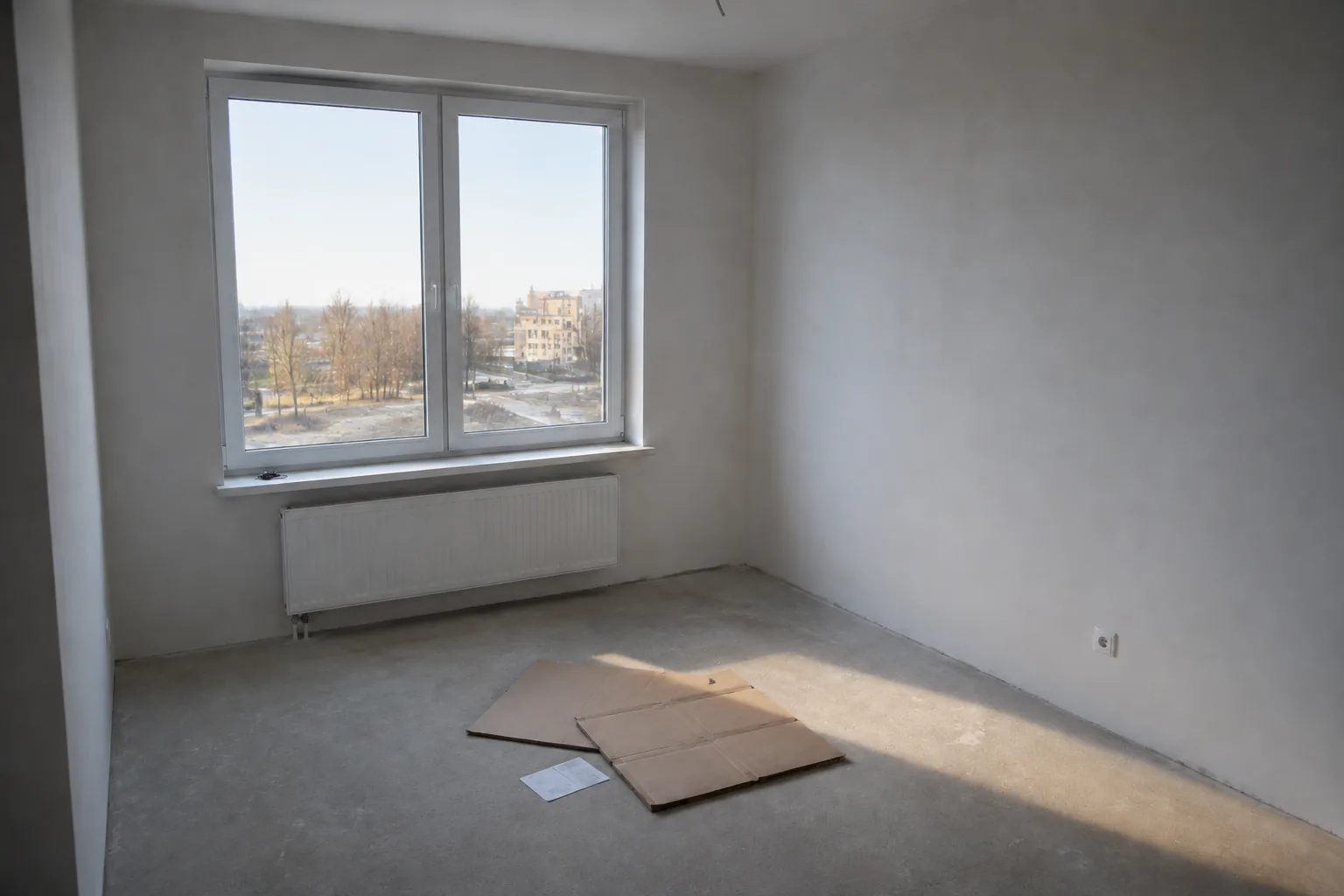 Pusty salon w nowym mieszkaniu w dniu odbioru, kartony i klucze na parapecie