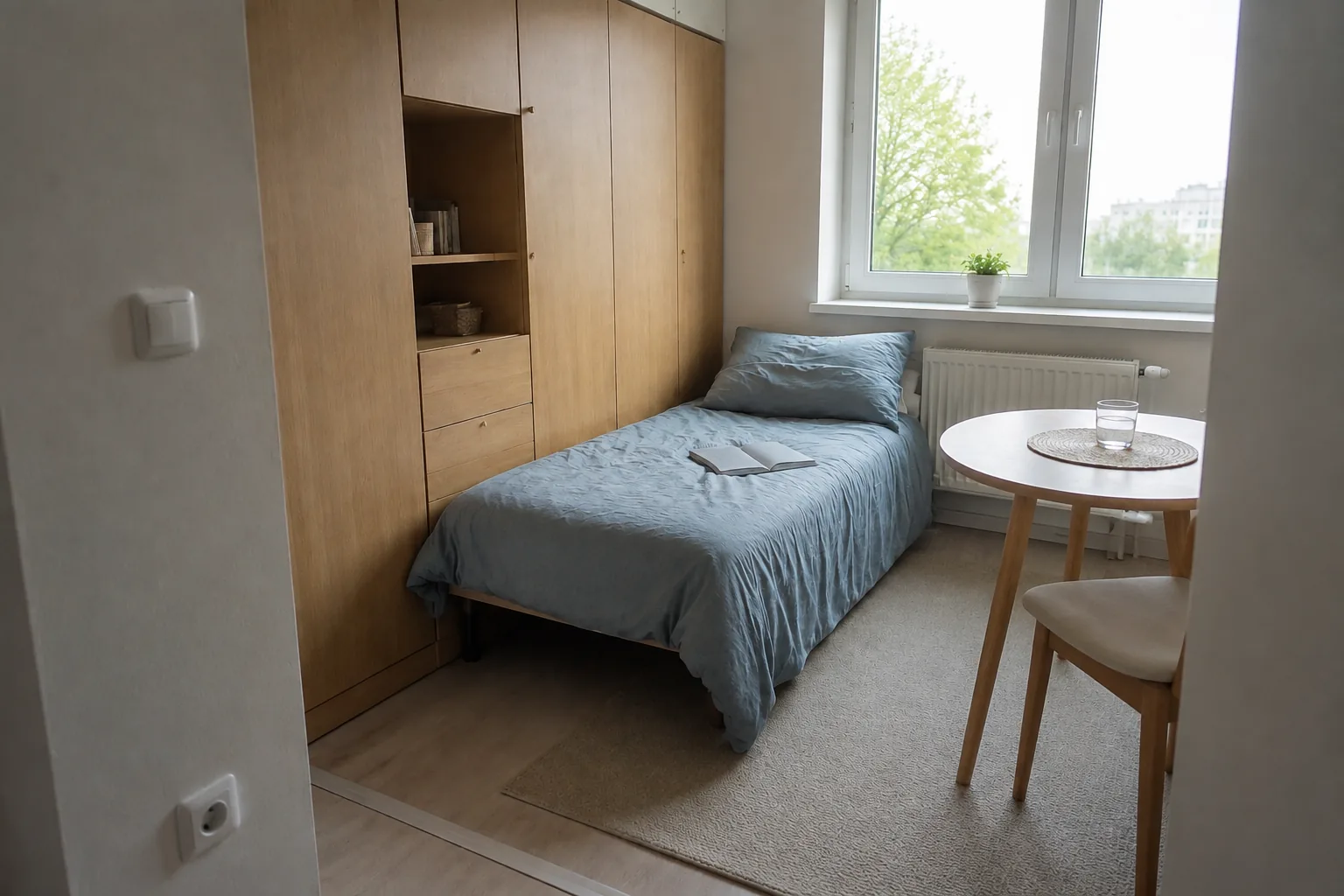 Narożnik kawalerki około 27 m² z zabudową dębową do sufitu i łóżkiem przy oknie