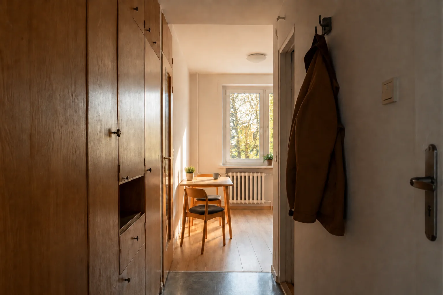 Wnętrze małego mieszkania około 38 m² z zabudową dębową i widokiem w stronę okna