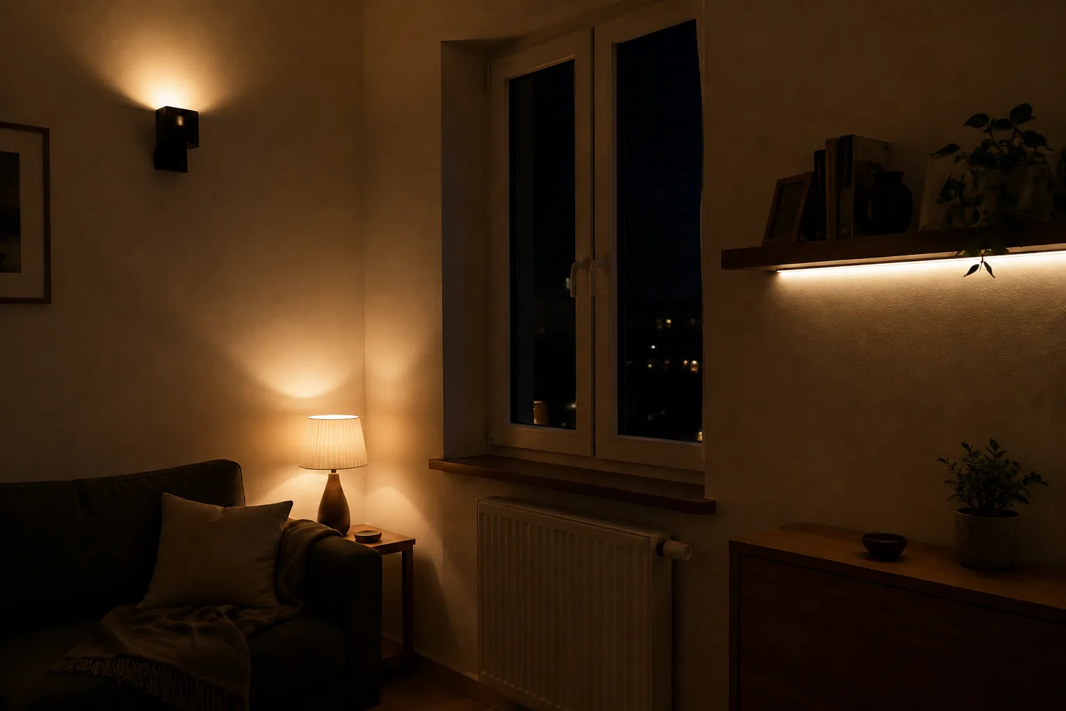 Wieczorny narożnik salonu oświetlony kinkietem, lampą stołową i listwą LED pod półką