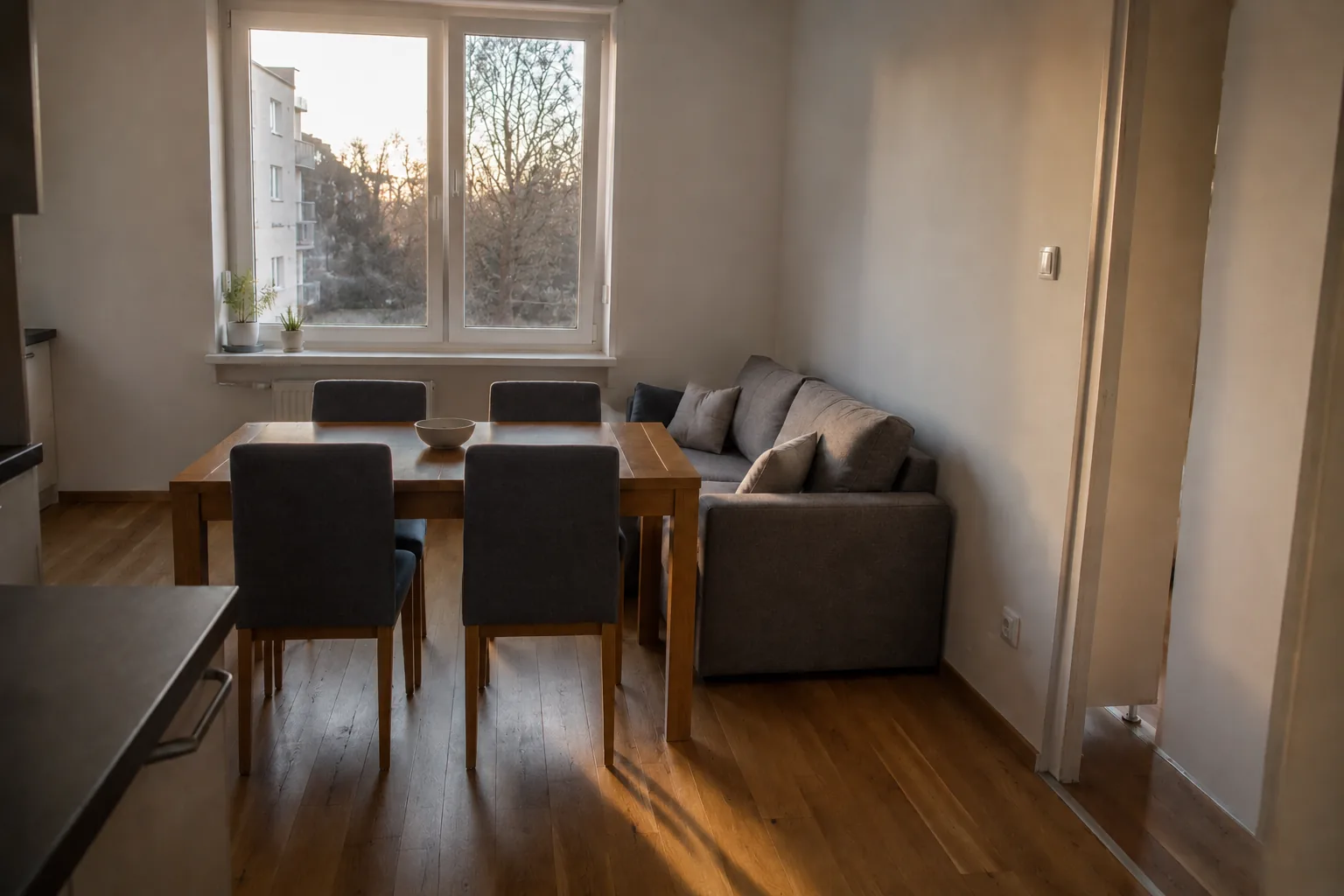 Salon z jadalnią w mieszkaniu około 65 m², stół blisko sofy i drzwi ograniczające ustawienie mebli