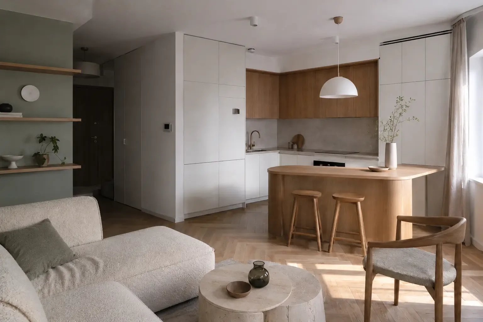 Mieszkanie 48 m² na Wilanowie, strefa dzienna po otwarciu kuchni na salon, dębowy półwysep i jodełka na podłodze
