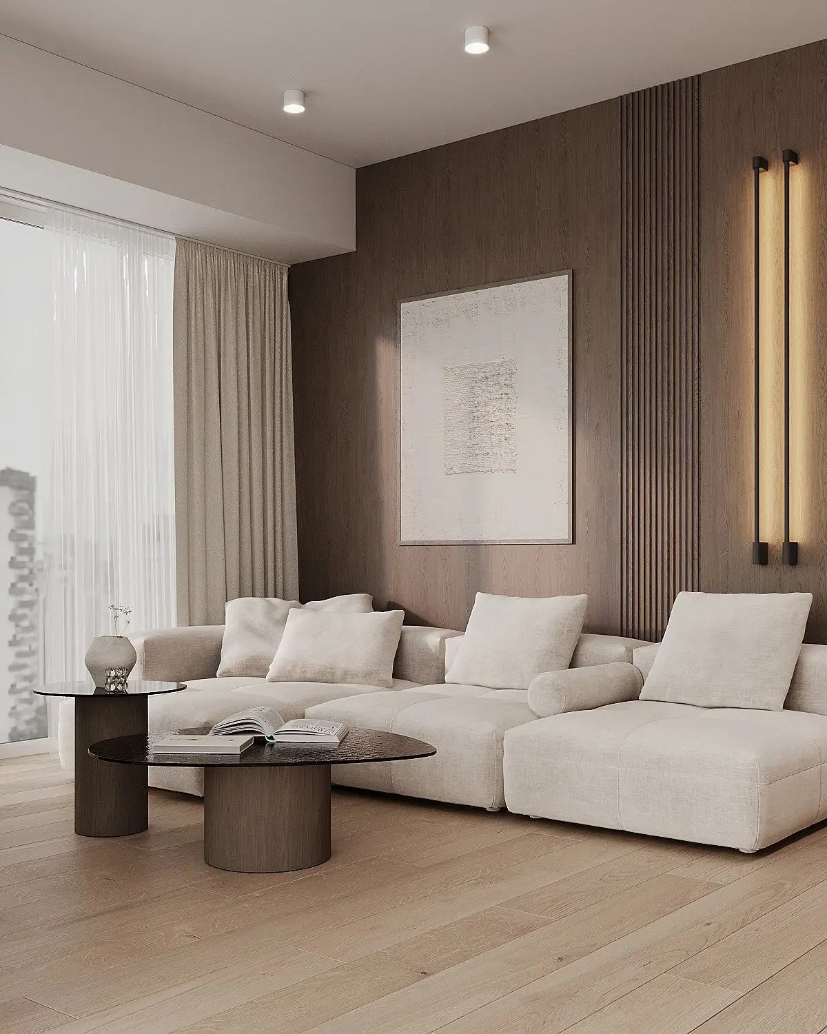 Salon, sofa boucle przy ścianie lamelowej