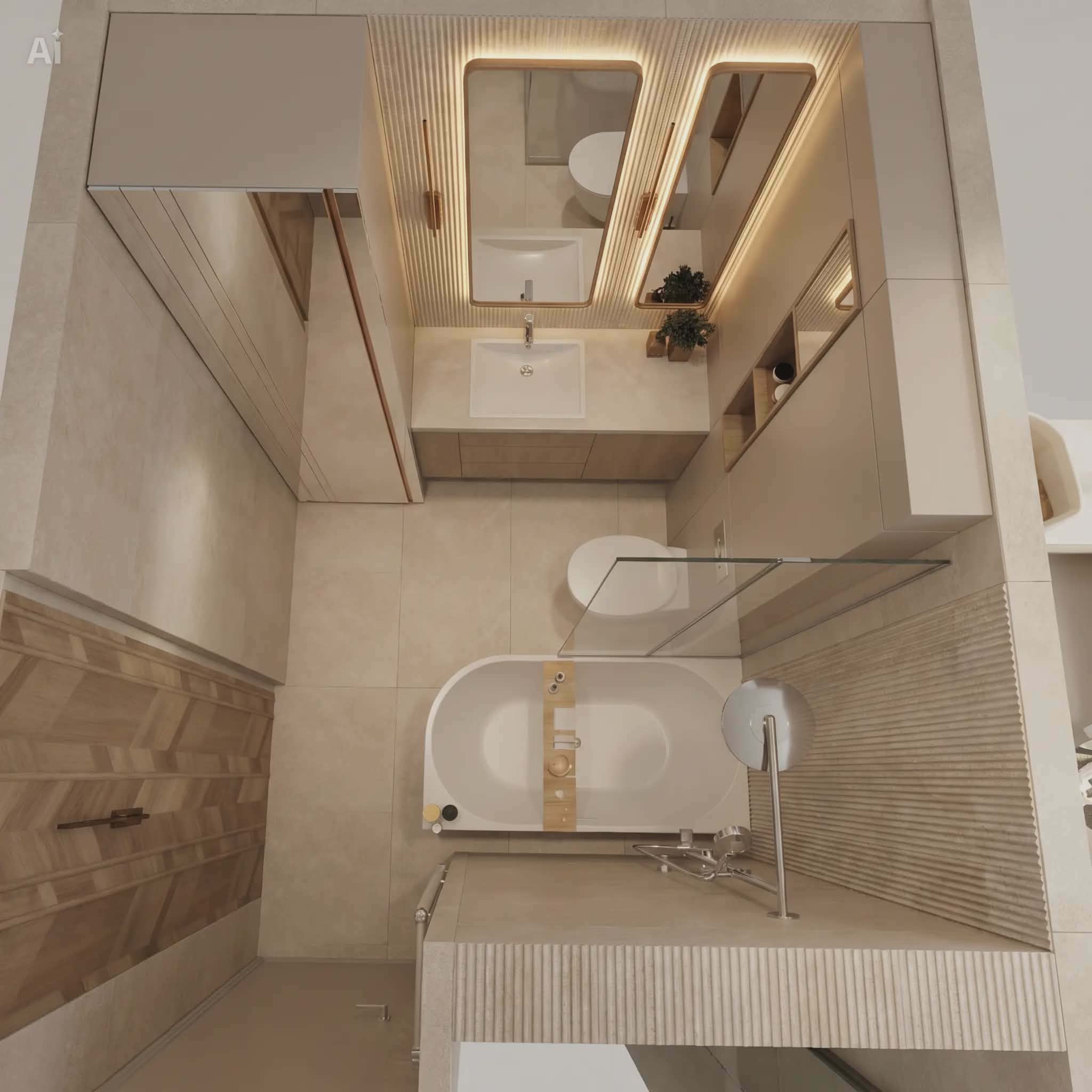Nowy układ łazienki po połączeniu z WC i korytarzem, widok z góry, projekt Jednodesign, Ursynów