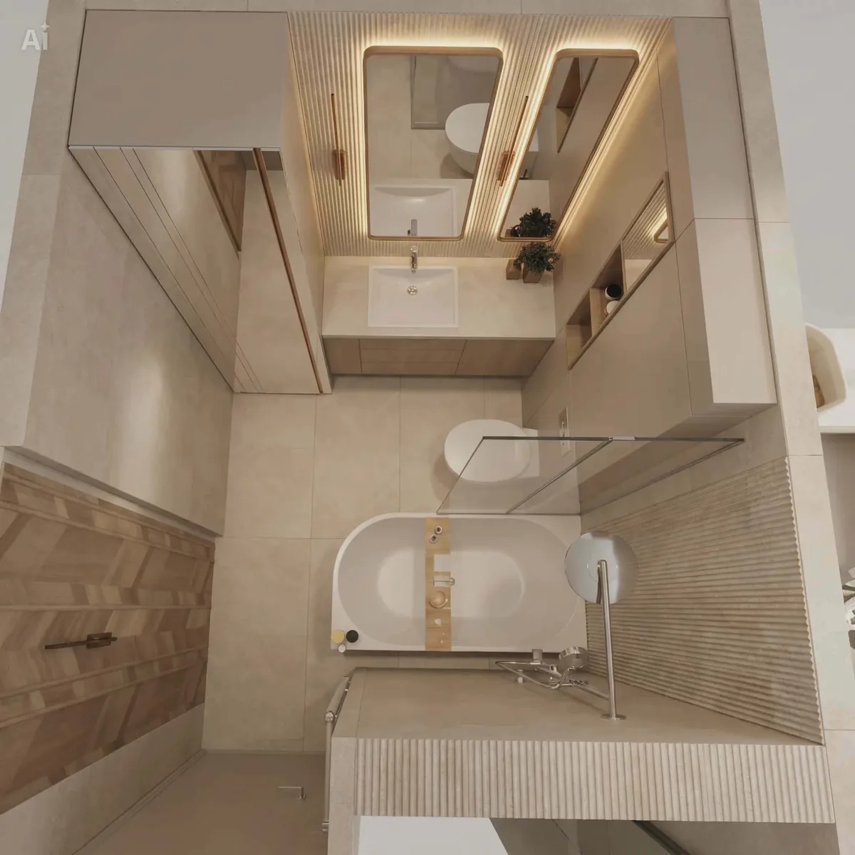 Nowy układ łazienki po połączeniu z WC i korytarzem, widok z góry, projekt Jednodesign, Ursynów