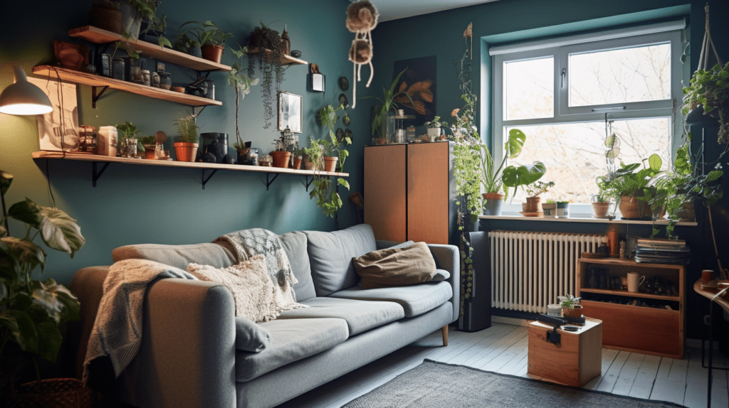 Obraz ciemnych ścian kontrastujących z delikatnymi odcieniami niebieskiego, szałwi i mięty