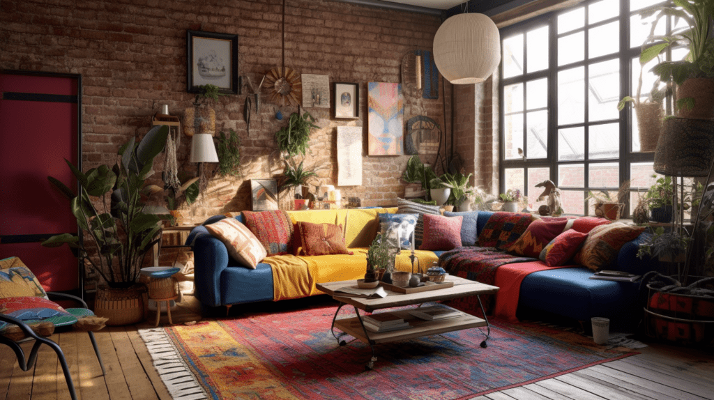 Obraz mebli w stylu boho, które cechuje bogactwo wzorów i różnorodność kolorów