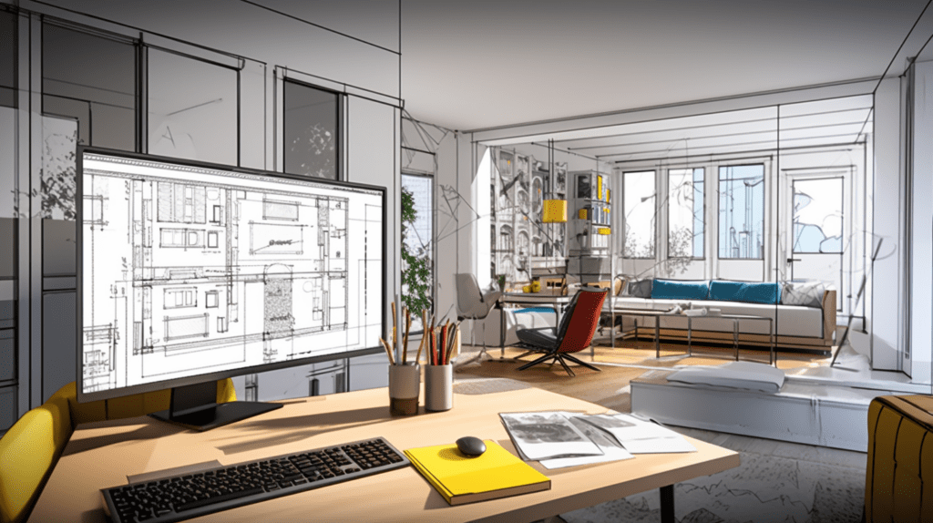 Obraz projektu mieszkania online, który prezentuje innowacyjne rozwiązania projektowe i nowoczesną technologię w projektowaniu wnętrz