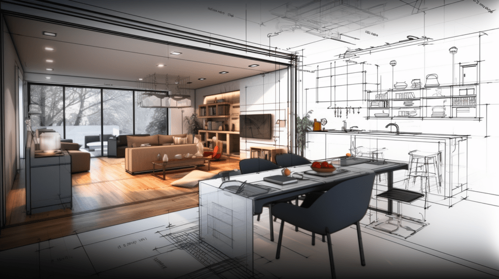 Obraz projektu mieszkania online, który prezentuje innowacyjne rozwiązania projektowe i nowoczesną technologię w projektowaniu wnętrz